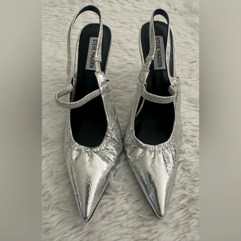 Steve Madden Grae‎ Silver Pointed Toe  Heels Slingback Shoes sz 9 - Picture 3 of 6